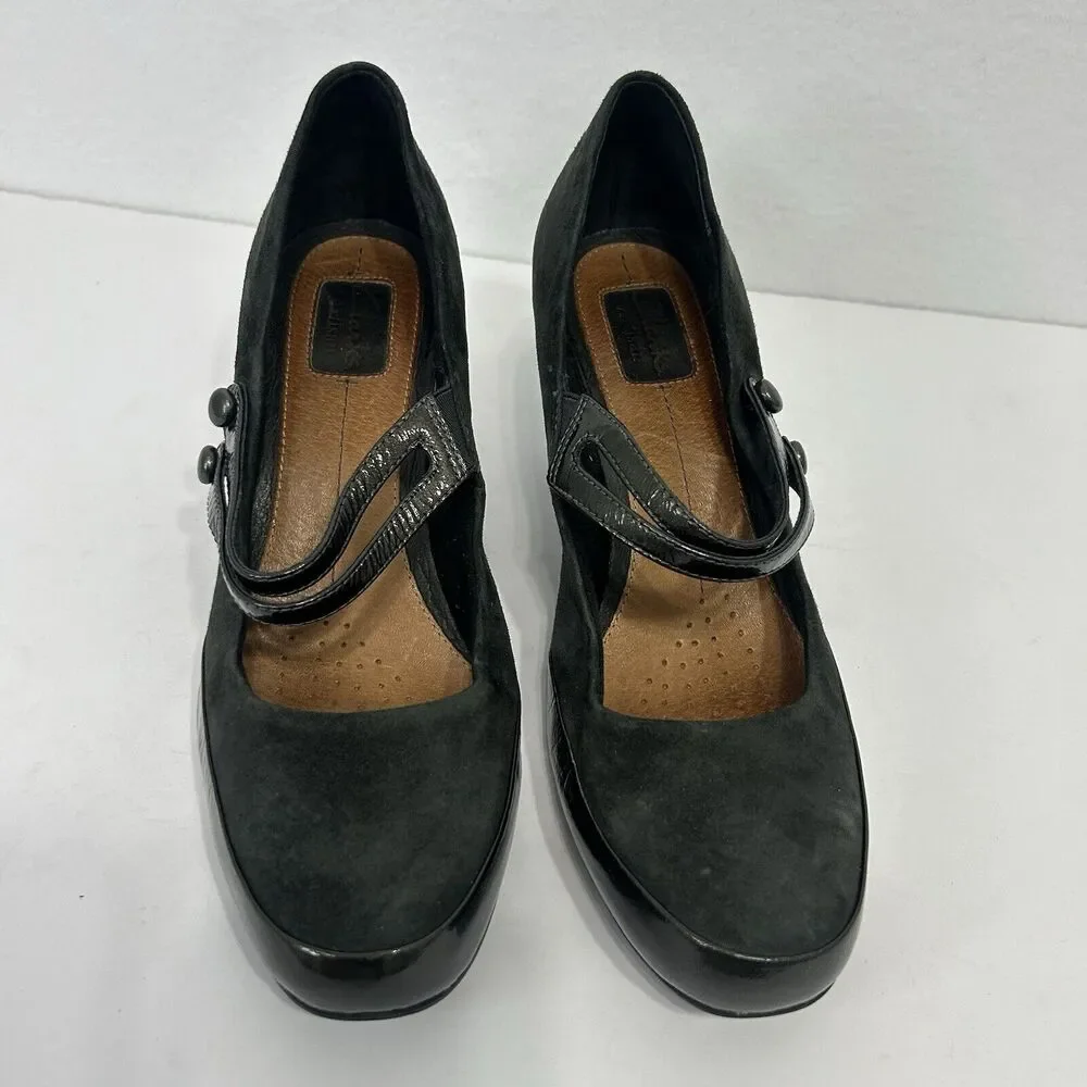 Clarks Diamond Suede Patent Leather Black Double Strap Mary Jane Heels Size 10M - Picture 2 of 7